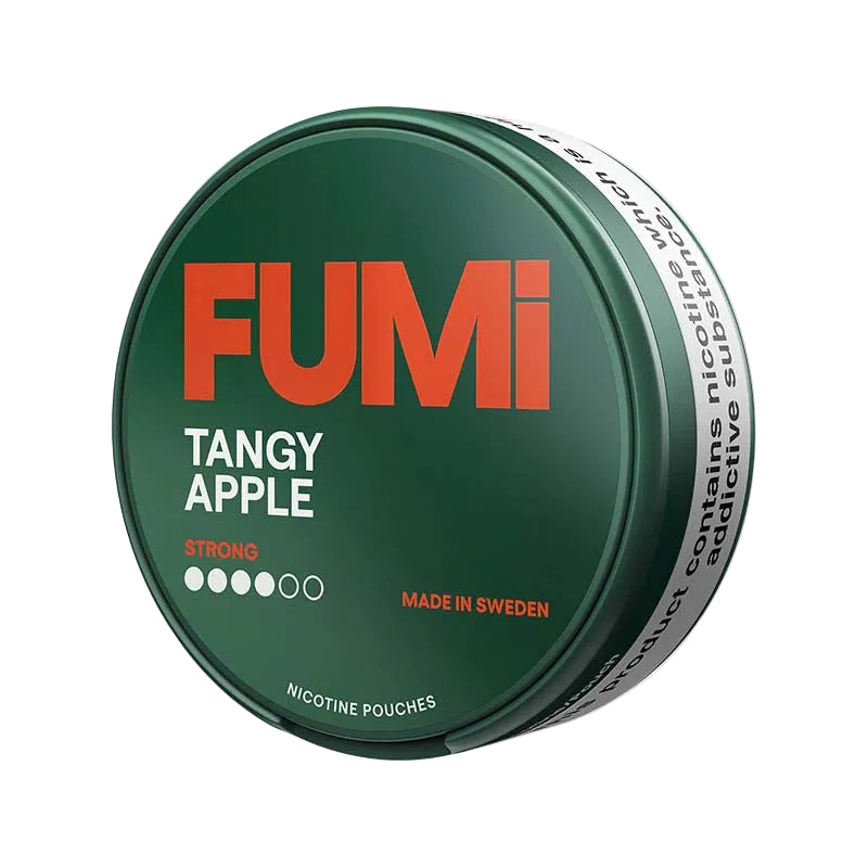 FUMI Tangy Apple Strong 8mg nicotine pouches with apple sour flavor in a green can, tobacco-free and smoke-free.
