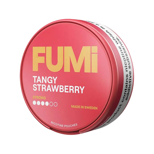 FUMI Tangy Strawberry Strong 8mg nicotine pouches in red canister, featuring tobacco free, smoke free, strawberry citrus sour flavor.