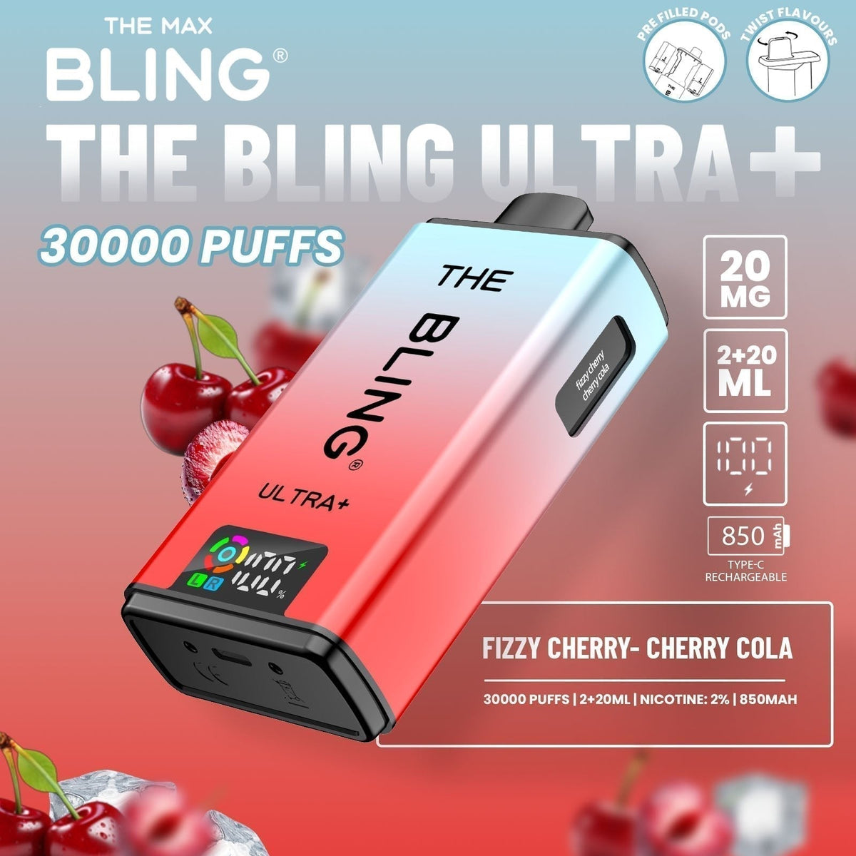 The Bling Ultra Plus 30k Prefilled Vape Pod Kit Box of 5, Fizzy Cherry, Cherry Cola Flavour