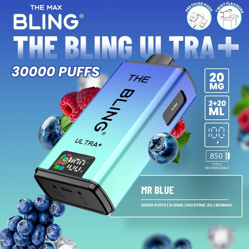 The Bling Ultra Plus 30k Prefilled Vape Pod Kit Box of 5, Mr  Blue Flaour