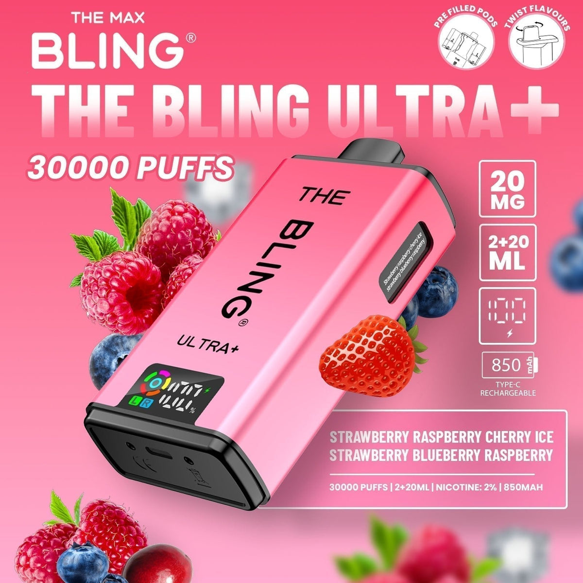 The Bling Ultra Plus 30k Prefilled Vape Pod Kit Box of 5, Strawberry Raspberry Cherry Ice, Strawberry Blueberry Raspberry Flavour