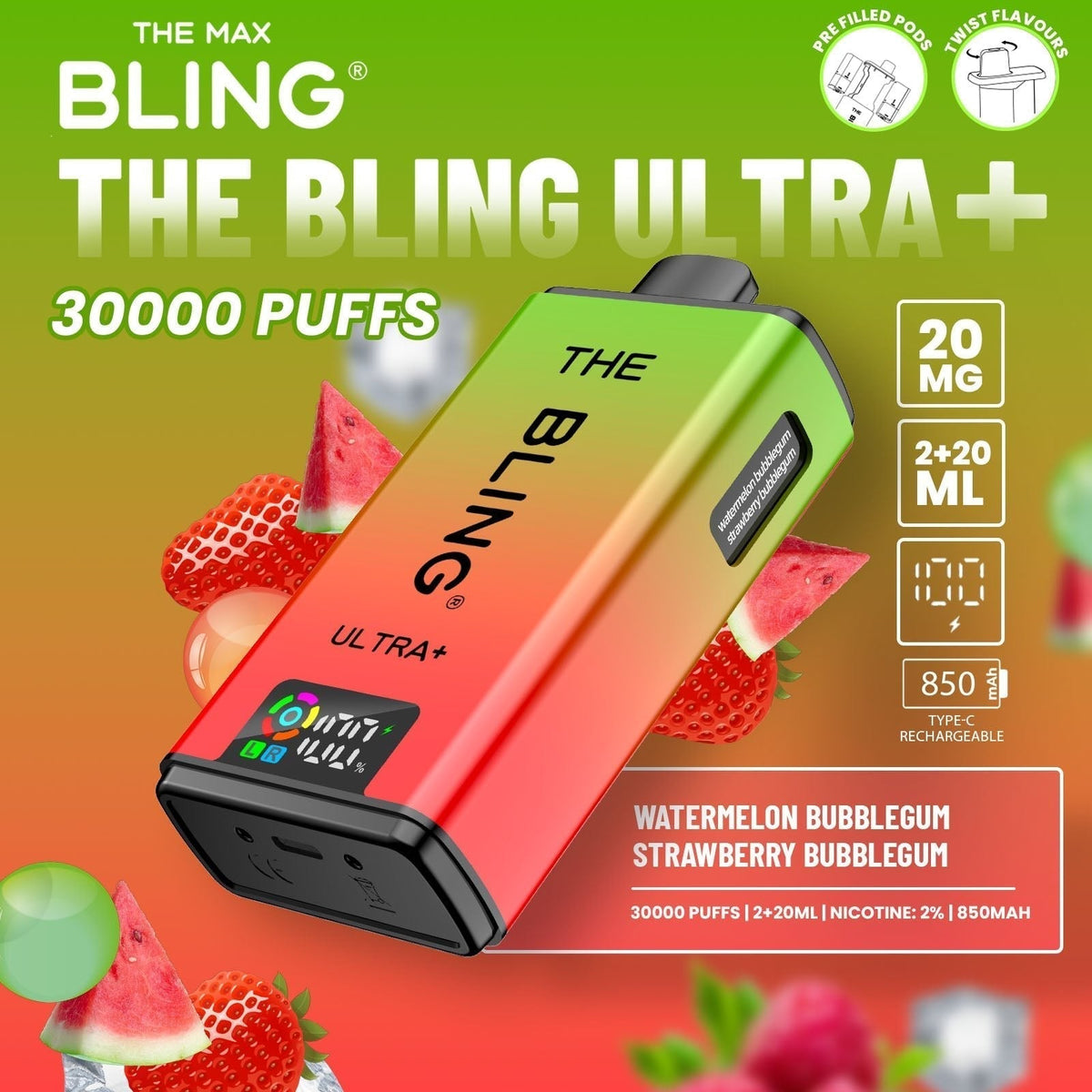 The Bling Ultra Plus 30k Prefilled Vape Pod Kit Box of 5, Watermelon Bubblegum, Strawberry Bubblegum Flavour