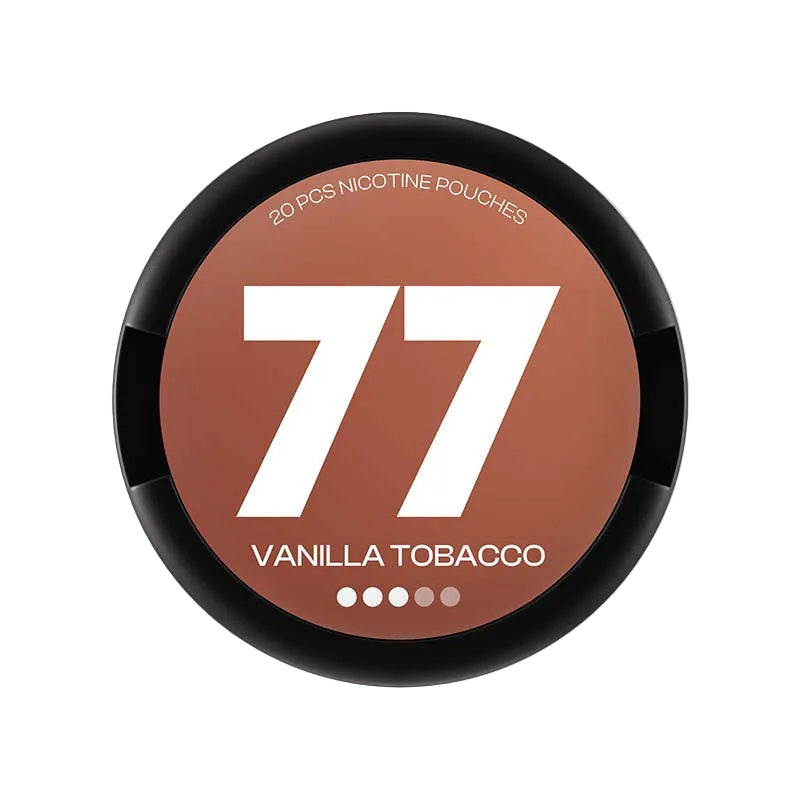 77 Vanilla Tobacco nicotine pouches, 10.4mg strength, 20 pcs, in a round black and brown container. Focus on the brand and strength.