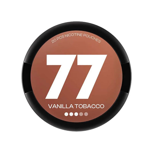 77 Vanilla Tobacco nicotine pouches, 10.4mg strength, 20 pcs, in a round black and brown container. Focus on the brand and strength.