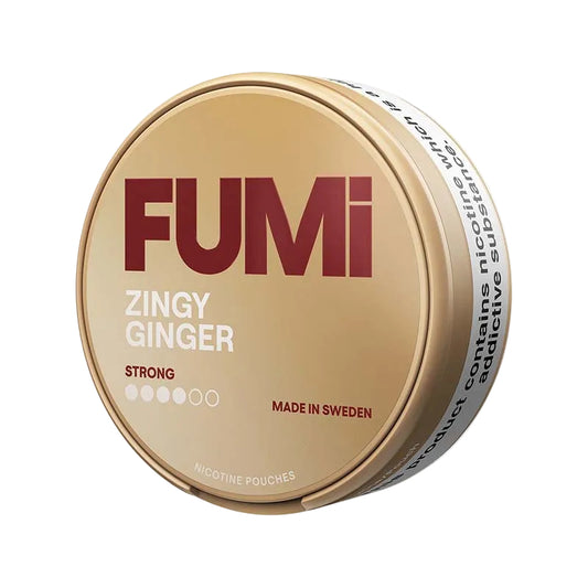FUMI Zingy Ginger Strong nicotine pouches in a can, tobacco-free with ginger and spice flavors, 8mg per pouch, 20 pouches.
